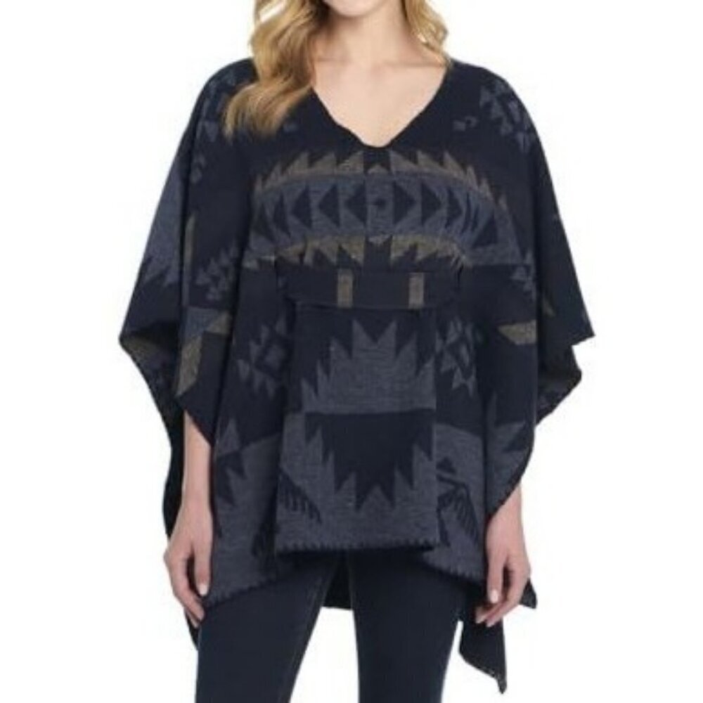 Cripple Creek Women's Tie Back Navajo Blanket Poncho Blue Herron CR18849